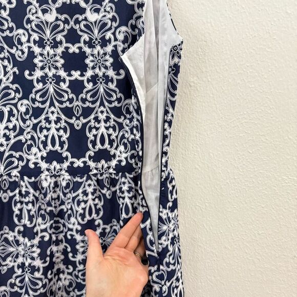 Garnet Hill Sleeveless Cotton Print Dress Navy/White Women’s Size 14 Zipper - Picture 5 of 9